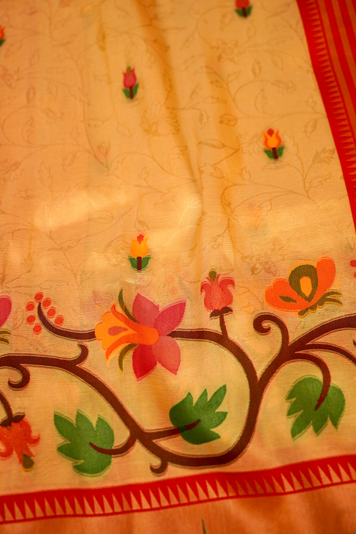 Beige Gold Banarasi Tissue Silk Saree with Contrast Paithani Border & Pallu