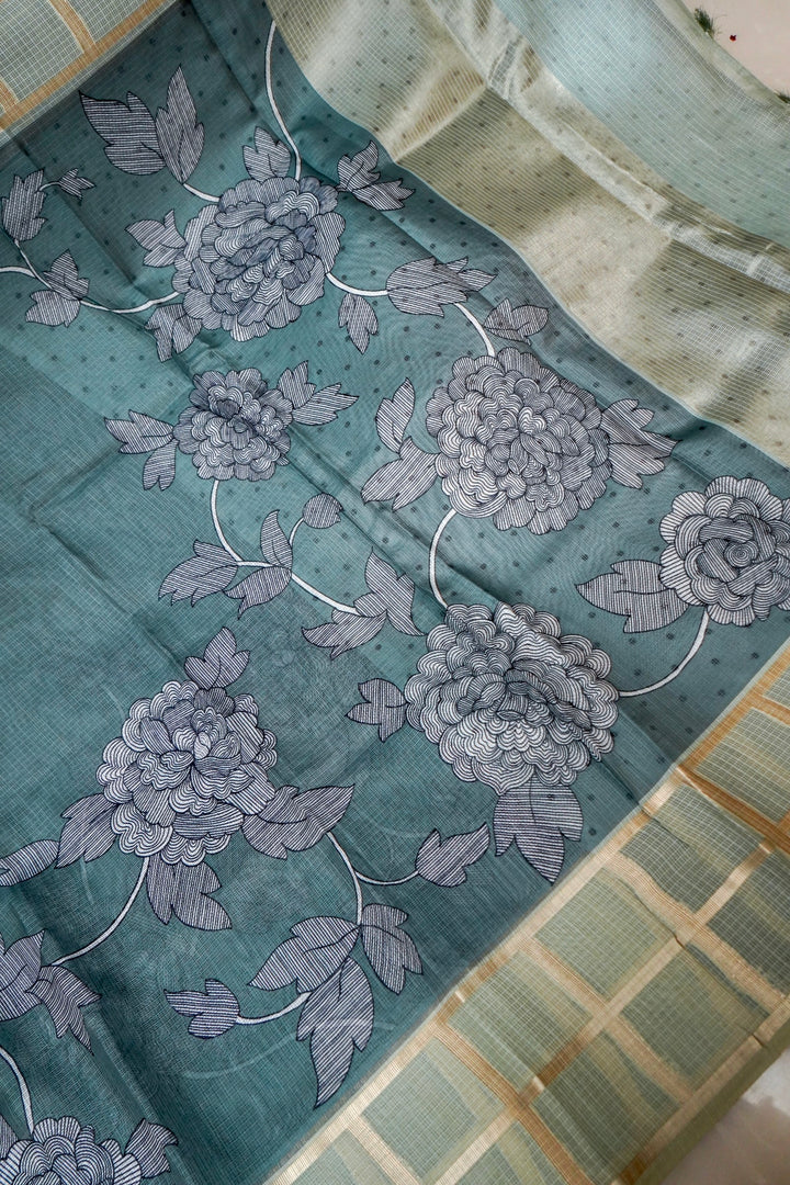 Teal Green Kota Check Saree with Printed Body and Zari Weave Check Border View 2
