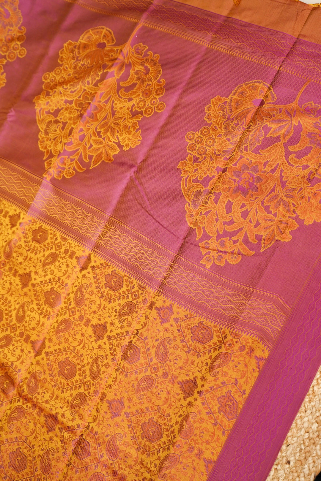 Mustard Yellow Handwoven Banarasi Tanchoi Silk Saree with Resham Art