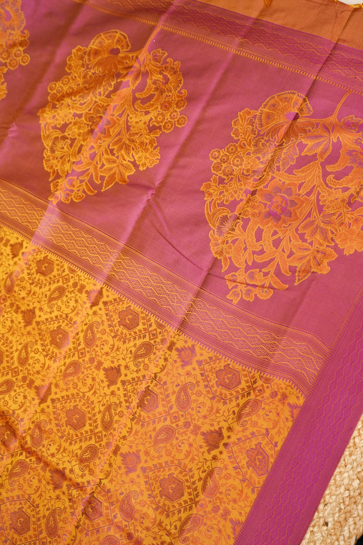 Mustard Yellow Handwoven Banarasi Tanchoi Silk Saree with Resham Art