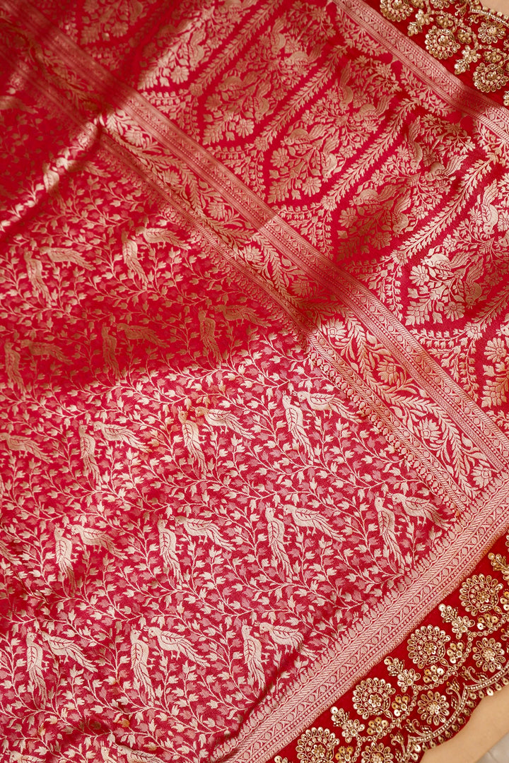 Bridal Red Brocade Silk Figure Motif Saree with Embroidery Border View 2