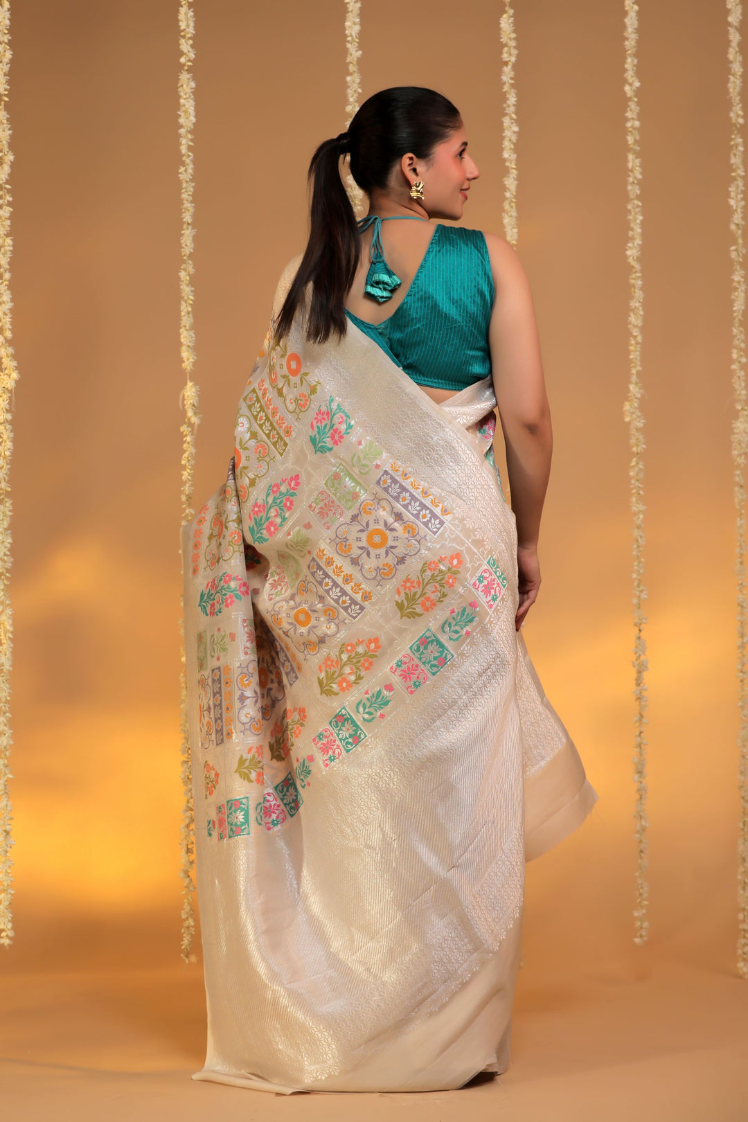 handwoven offwhite banarasi pure munga tussar georgette meenakari saree back view