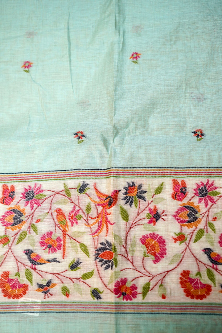 Aqua Blue Floral &amp; Bird Print Unstitched Suit Set with Artistic Dupatta