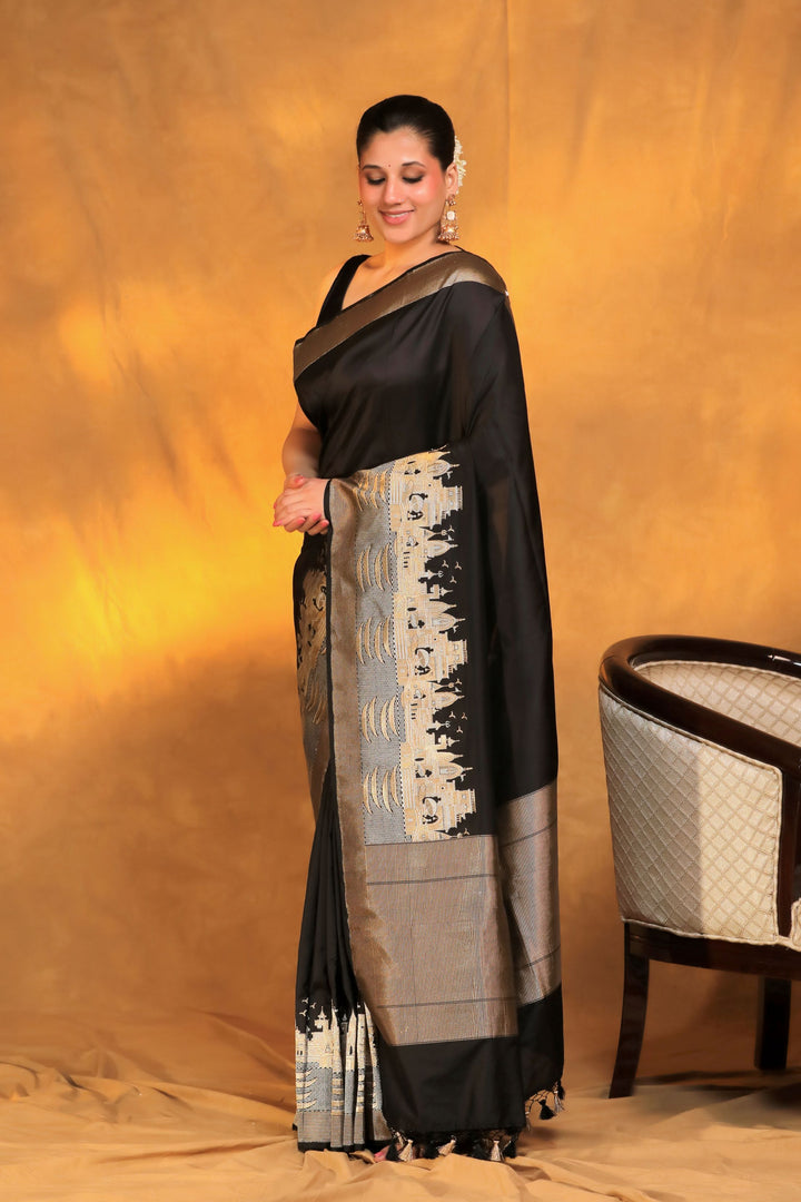 Banarasi Handloom Black Pure Katan Silk Ghat Wali Saree Side View 1