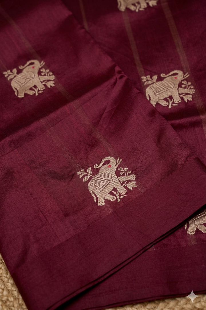 Luxe Wine Handwoven Banarasi Pure Puna Silk Saree with Zari Elephant Motifs