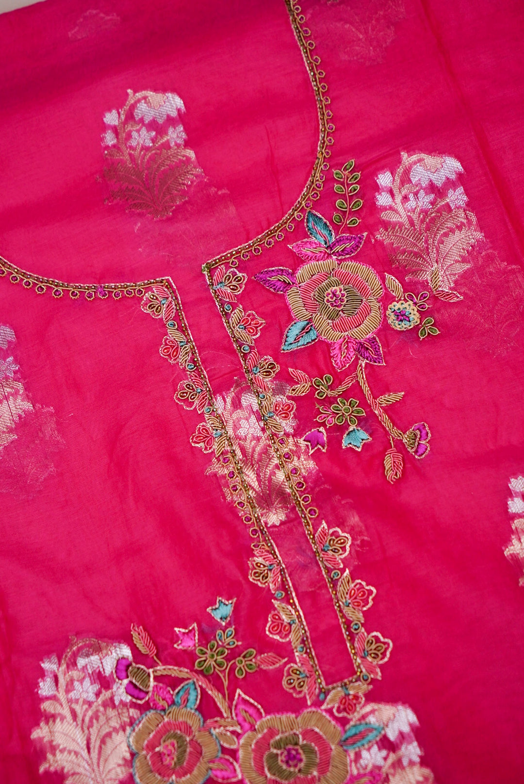 Pink Pure Mul Silk Suit with Zardozi Neckline and Pitta Zari Dupatta