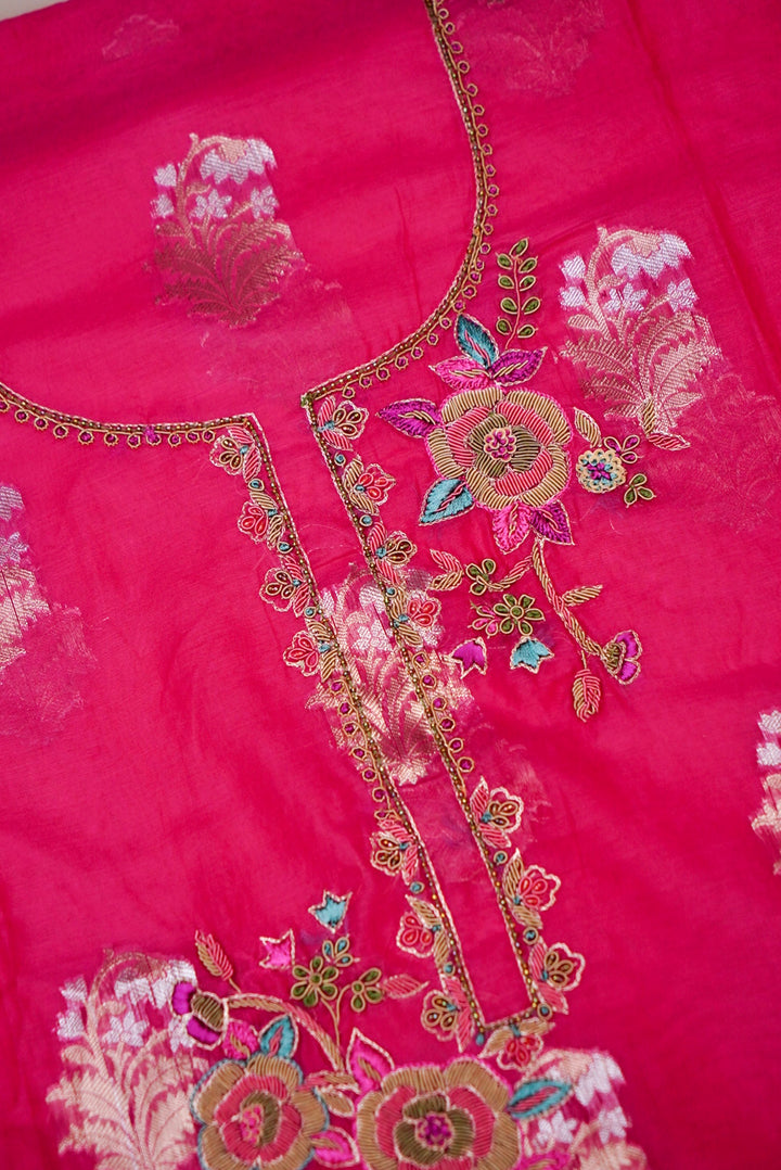 Pink Pure Mul Silk Suit with Zardozi Neckline and Pitta Zari Dupatta