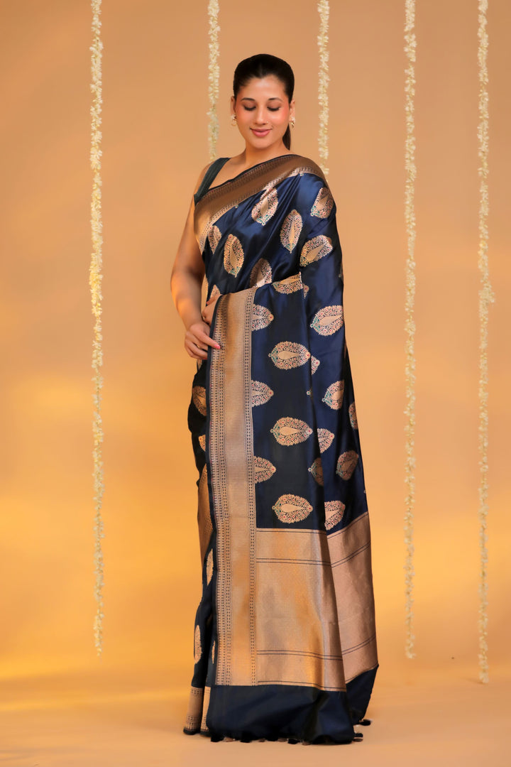 handwoven teal blue banarasi pure katan silk meenakari nita ambani inspire saree front view 2