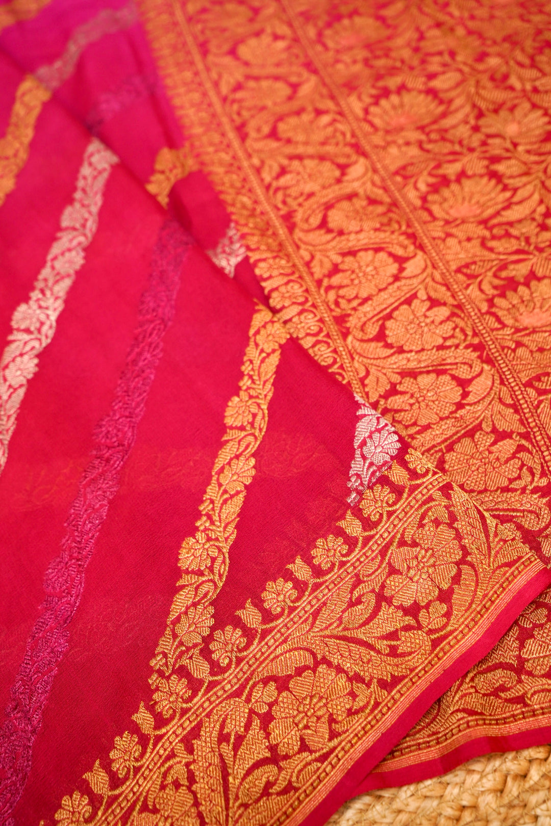 Handloom Pink Pure Banarasi Khaddi Georgette Saree with Ombre Dye &amp; Antique Zari Weaving