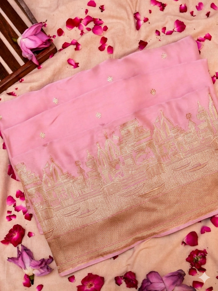 Baby Pink Banarasi Ghat Design Mashru Silk Saree