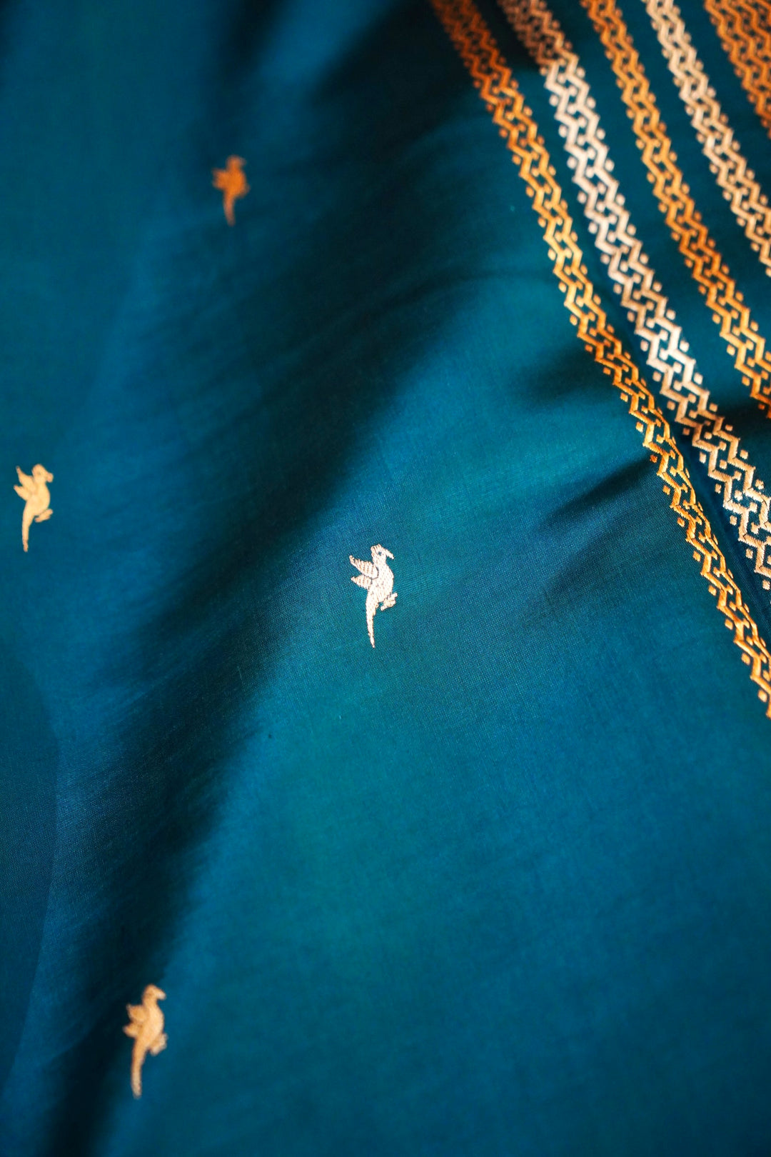 Handwoven Banarasi Teal Blue Pure Katan Silk Birds Motif Saree