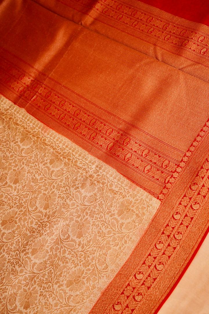 Handwoven Banarasi Pure Cream Chanderi Silk Saree with Red Contrast Border