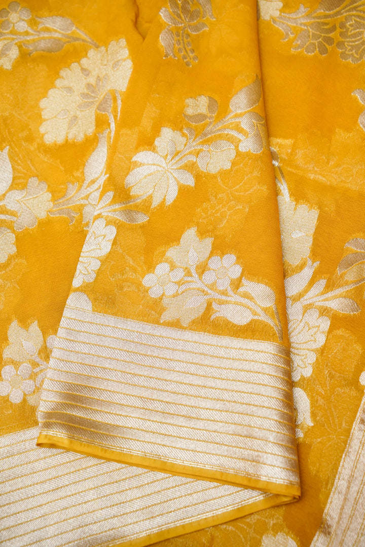 Yellow Pure Georgette Saree with Zari Weave Jangla Design