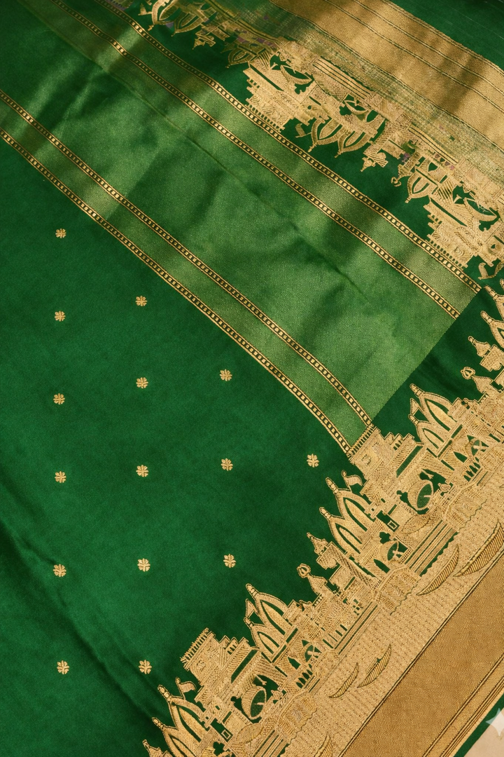 Bottle Green Banarasi Mashru Silk Saree with Ghat Design Border