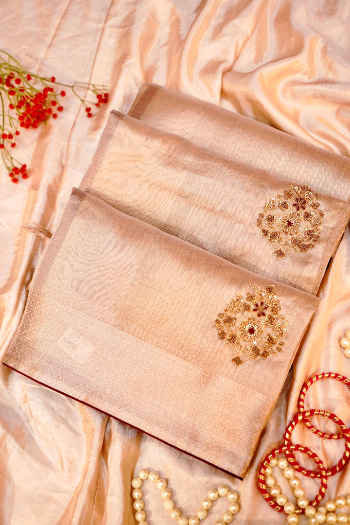 Luxurious Rose Gold Pure Tissue Saree with Antique Zardozi Embroidery