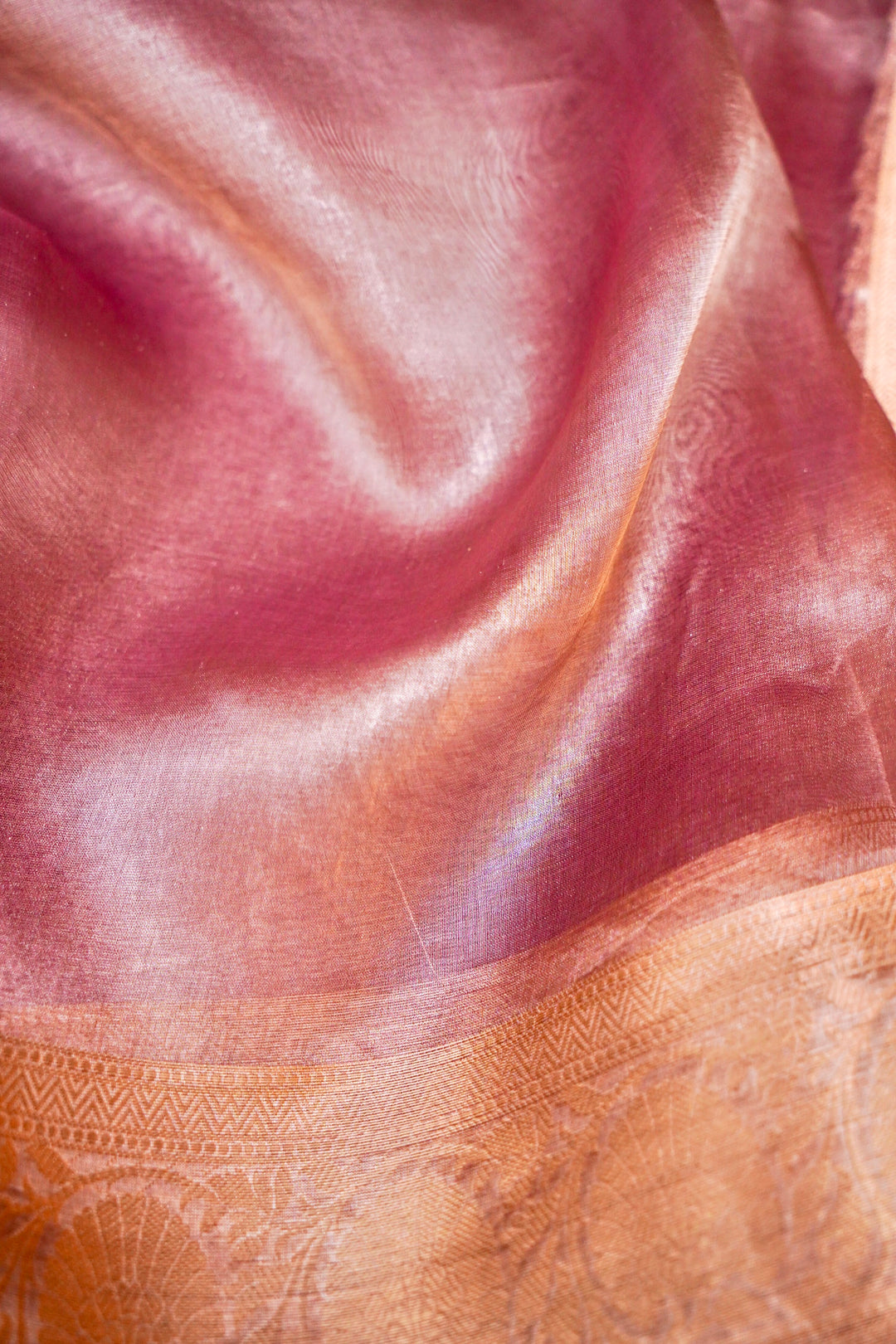 Grace in Bloom Pink Handwoven Copper Gold Tissue Silk Saree with Ornate Zari Border & Pallu