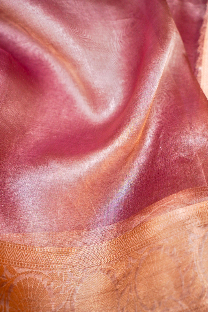 Grace in Bloom Pink Handwoven Copper Gold Tissue Silk Saree with Ornate Zari Border & Pallu