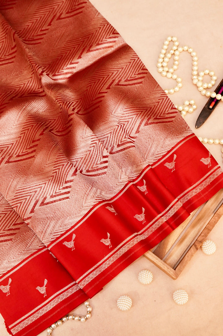 Scarlet Elegance – Red Pure Handloom Organza Silk Saree with Birds Motif Border