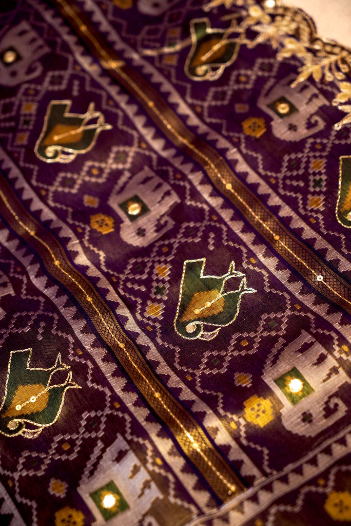 Royal Violet Patola Silk Aari Mirror Work Saree View 4