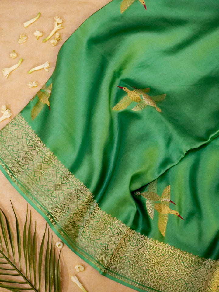 Banarasi Green Mashru Silk Saree with Zari Weave Bird Motif