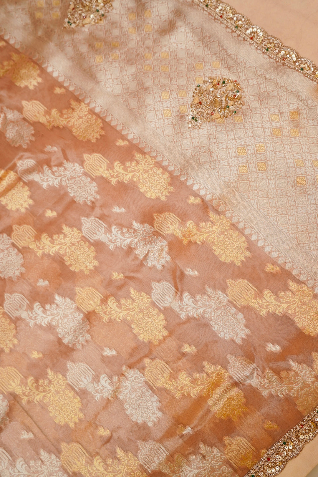Rose Gold Sona Rupa Glow Designer Tissue Silk Embroidery Saree View 2