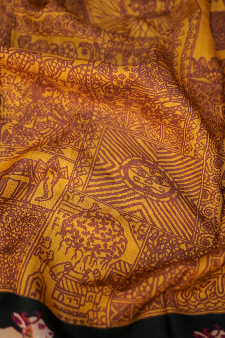 Mustard Crepe Silk Saree with Green Contrast Nandi Motif Pallu &amp; Border