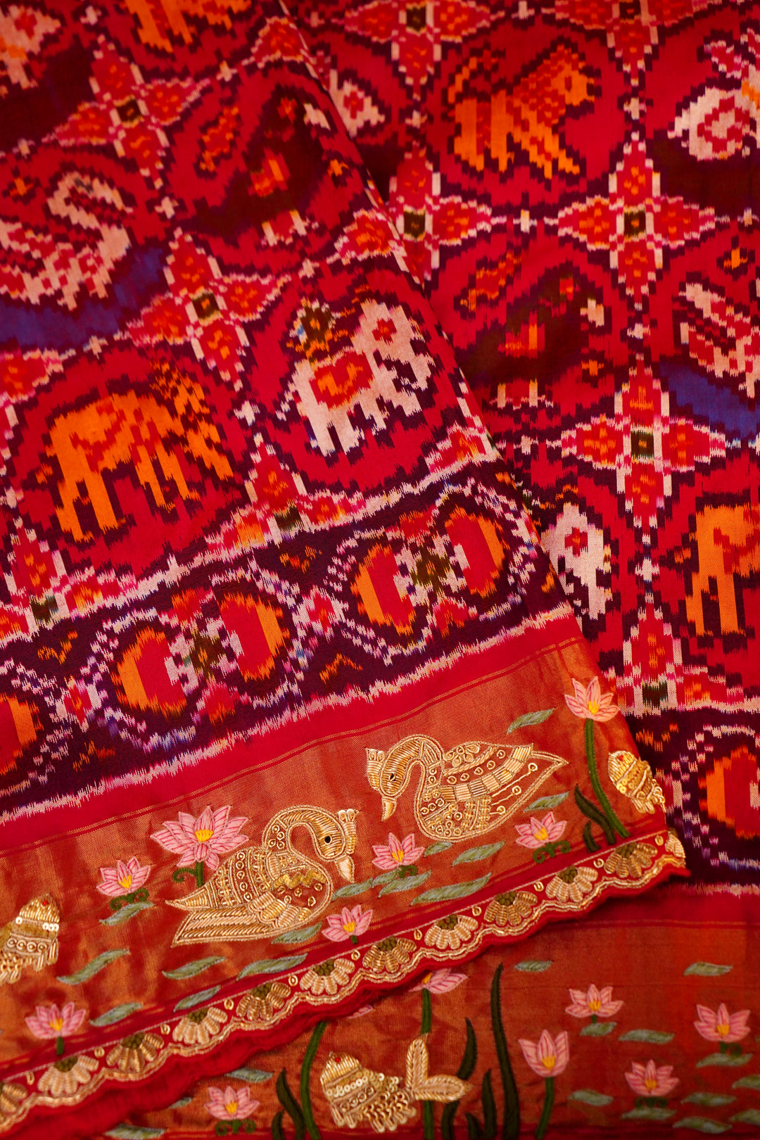 Jal Tarang – Red Bridal Pure Patola Silk Fish Motif Saree