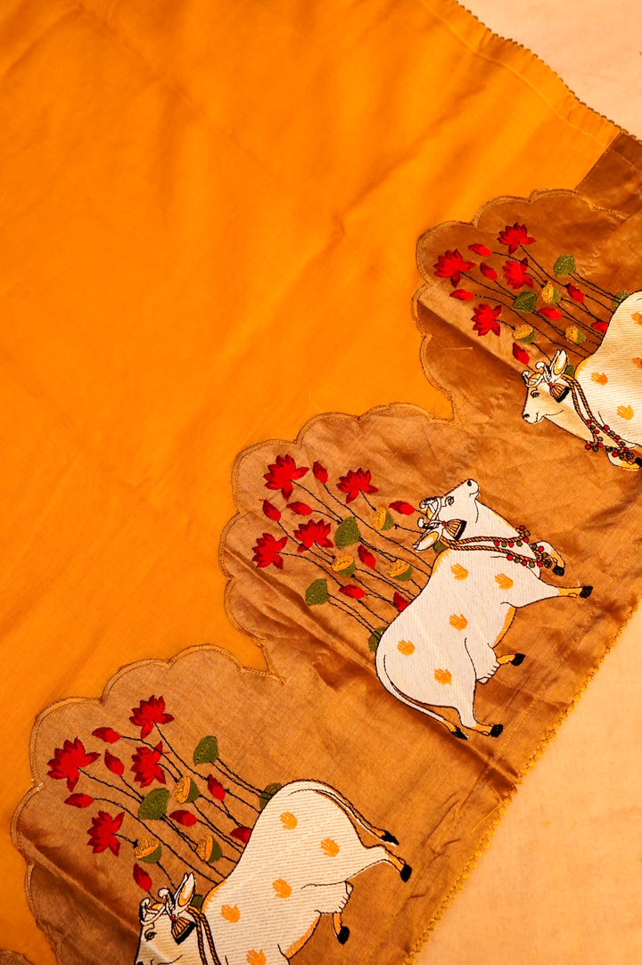 Yellow Pure Chanderi Silk Suit with Zardozi Neckline & Pichwai Embroidered Dupatta