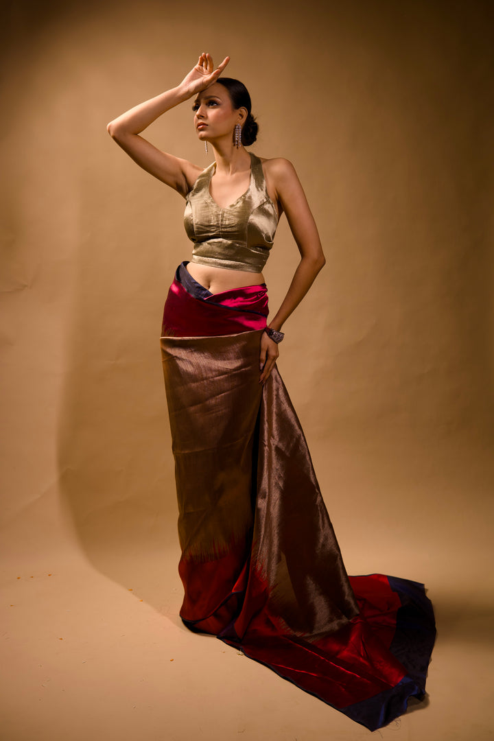 Contemporary Banarasi Brocade Silk Chevron Designer Saree in Metallic Tones View 3