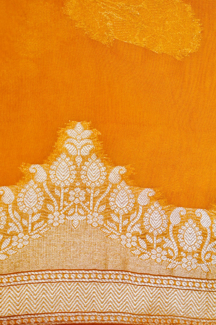 Radiant Mustard Yellow Banarasi Kora Silk Saree Handwoven Bootidar Zari with Leheriya Border