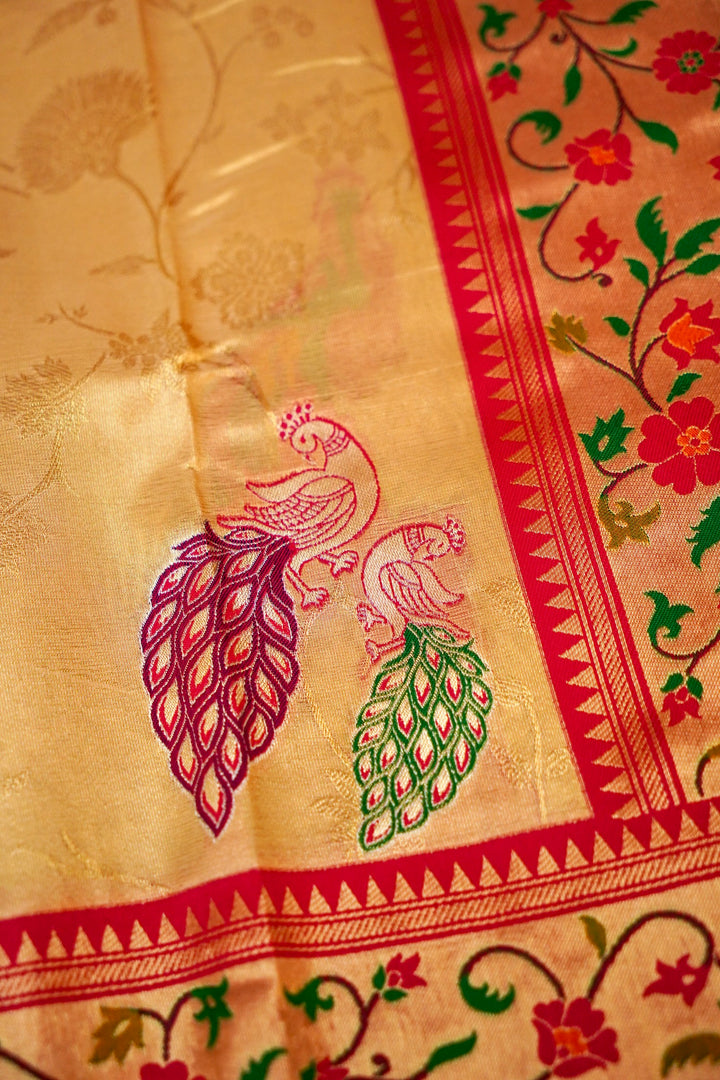 Beige Gold Silk Tissue Saree with Figure Motif Paithani Border