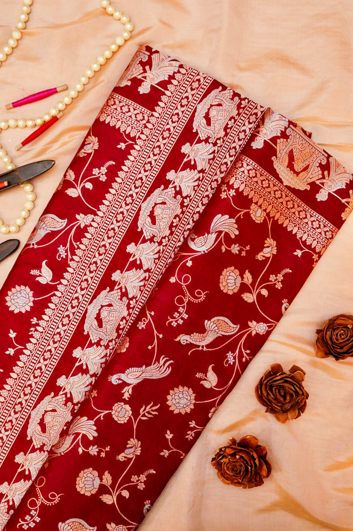 Bridal Maroon Pure Handloom Banarasi Katan Silk Baraat Inspired Saree