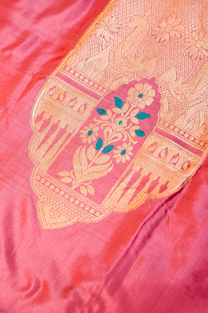 Pure Katan Silk Co-Ord Set Fabric – Royal Floral Heritage Panel | Gold Zari &amp; Meenakari Thread Weave | Pastel Pink