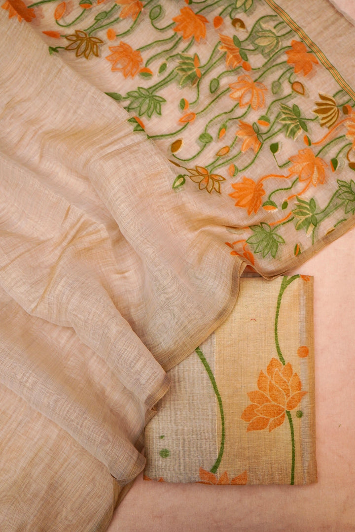 Cotton Silk Suit in Beige Gold with Delicate Thread Work
