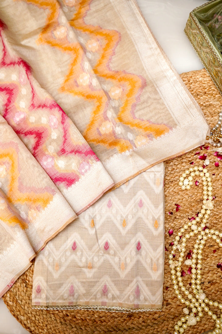 Off White Woven Unstitched Suit Set with Zigzag Dupatta