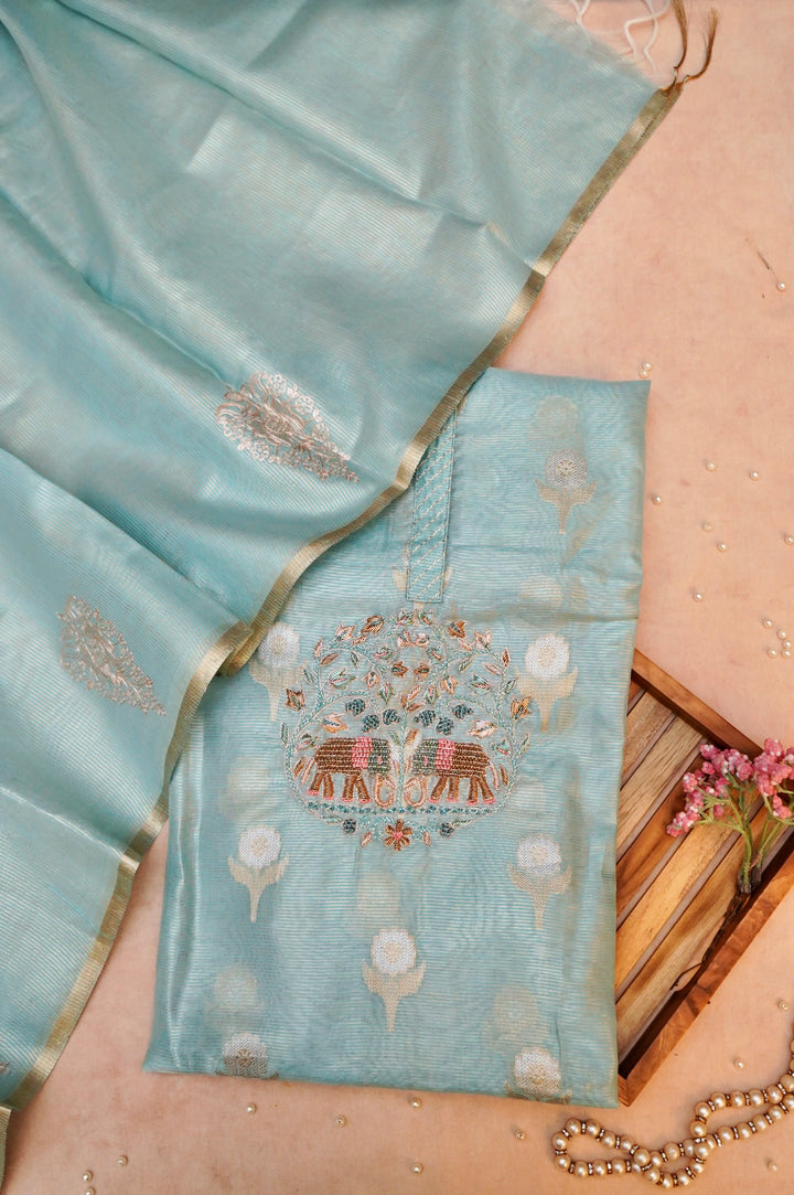 Unstitched Powder Blue Pure Chanderi Tissue Suit Set