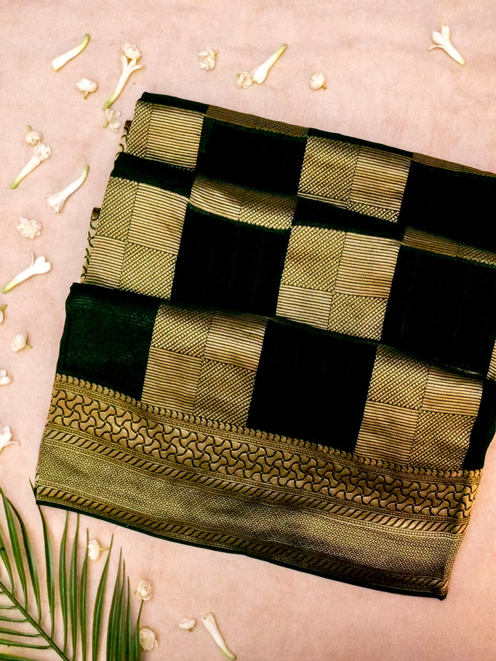 Luxury Bottle Green Banarasi Khaddi Georgette Saree with Exquisite Zari Weave Checks