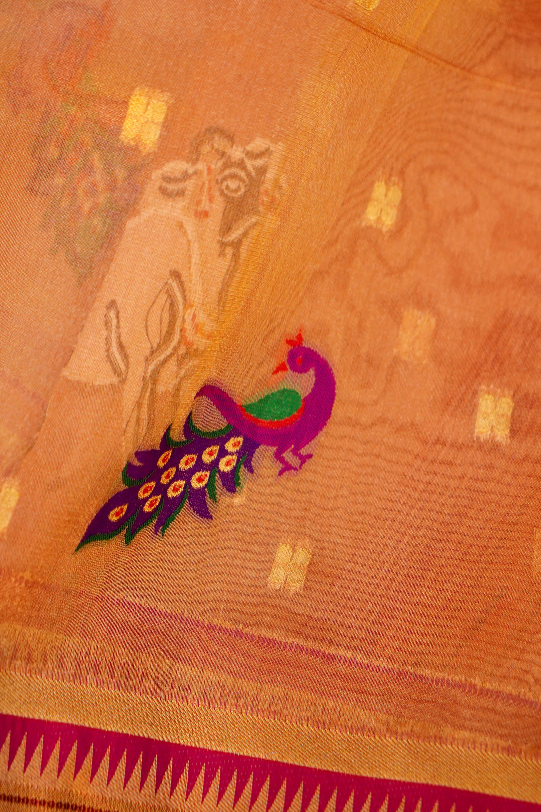 Handwoven Paithani Copper Gold Pure Tissue Silk Figure Motif Saree