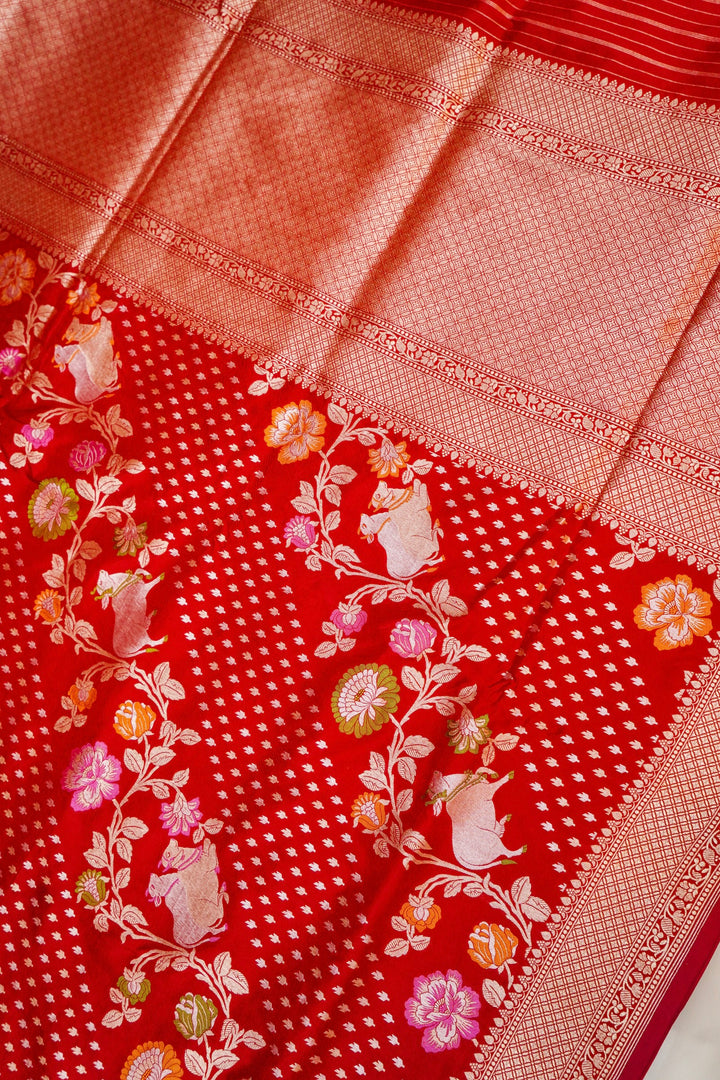 Red Handwoven Banarasi Bridal Katan Silk Saree with Zari Nandi Motifs & Meenakari Floral Weave