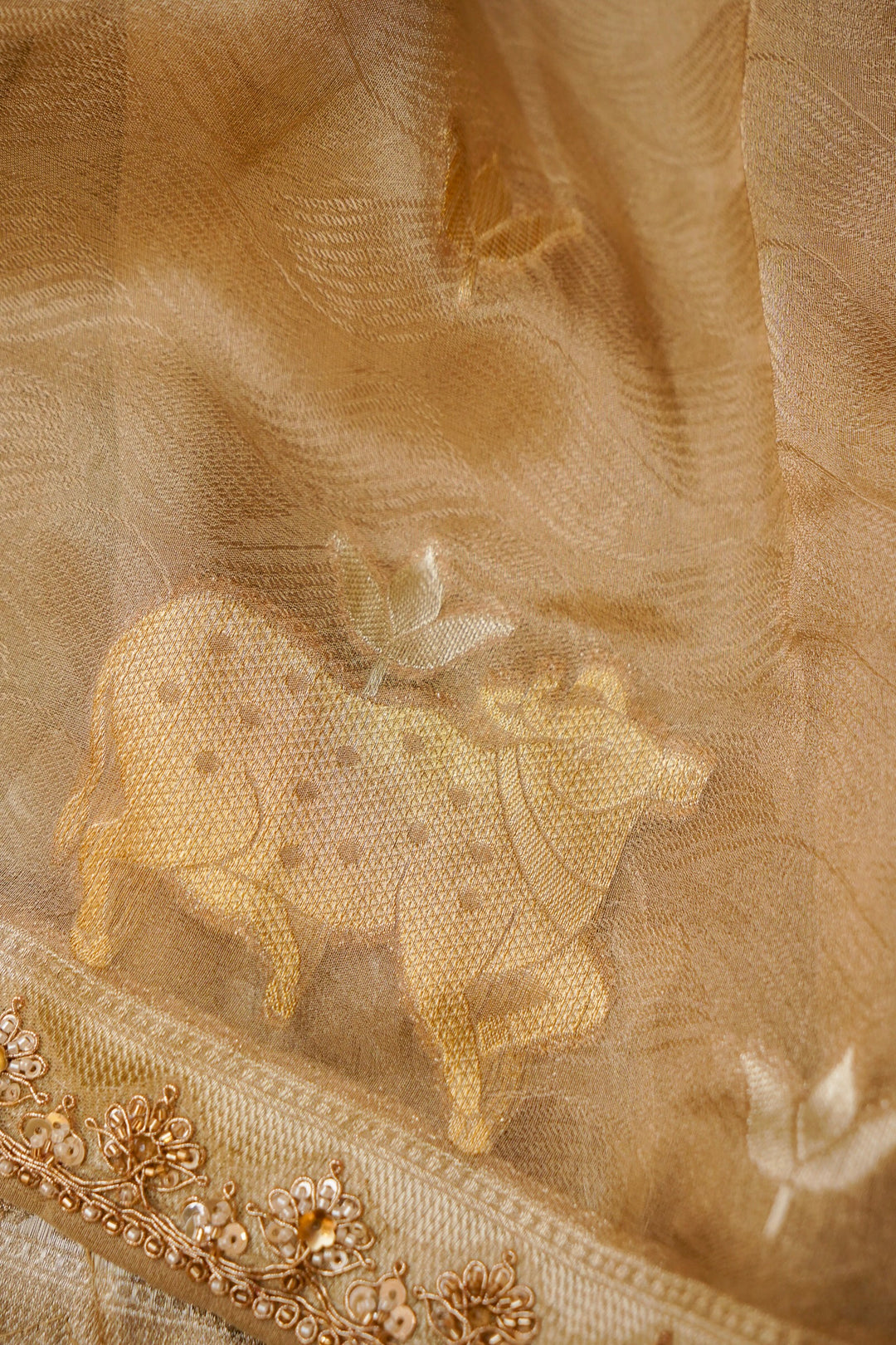Chiku Brown Tissue Silk Pichwai Inspired Sona Rupa Zari Weave Saree View 5