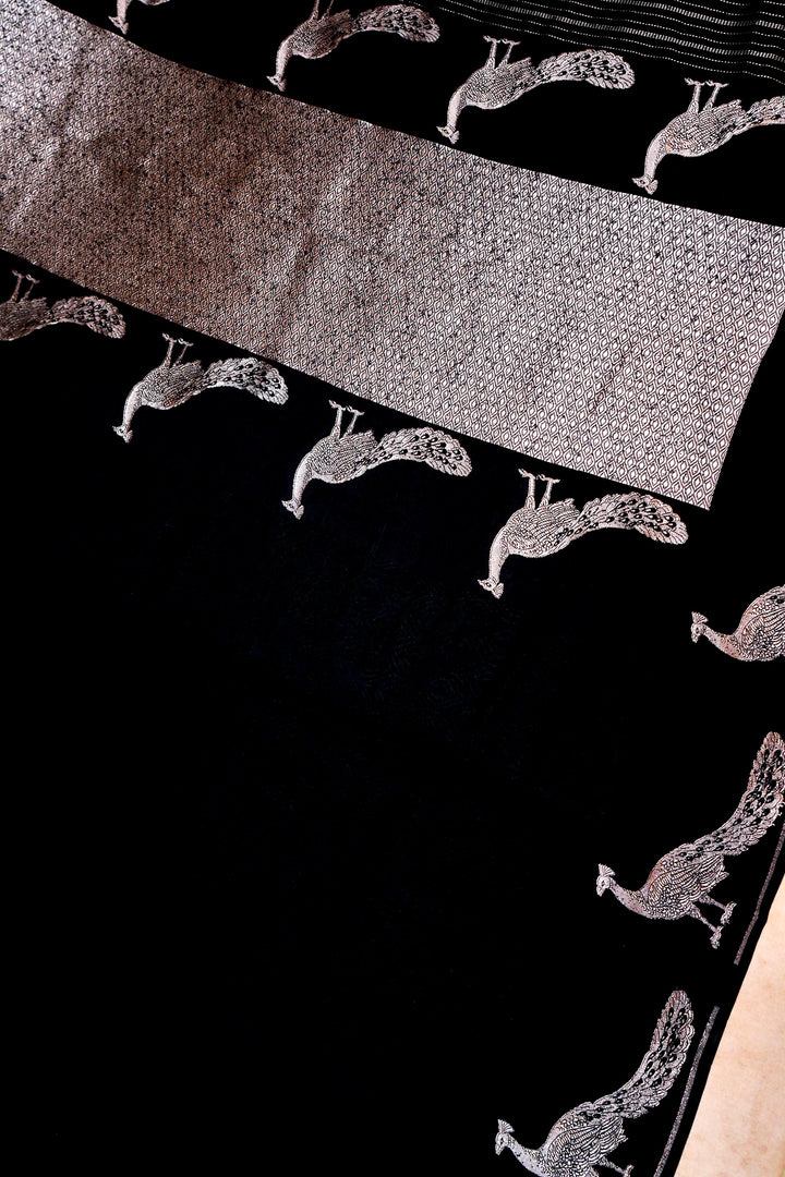 Banarasi Black Mashru Silk Saree with Bird Motif Border & Pallu