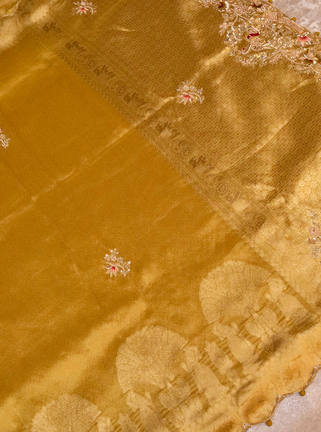 Golden Banarasi Tissue Silk Saree with Zardozi & Resham Work