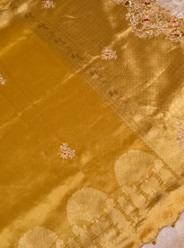 Golden Banarasi Tissue Silk Saree with Zardozi & Resham Work