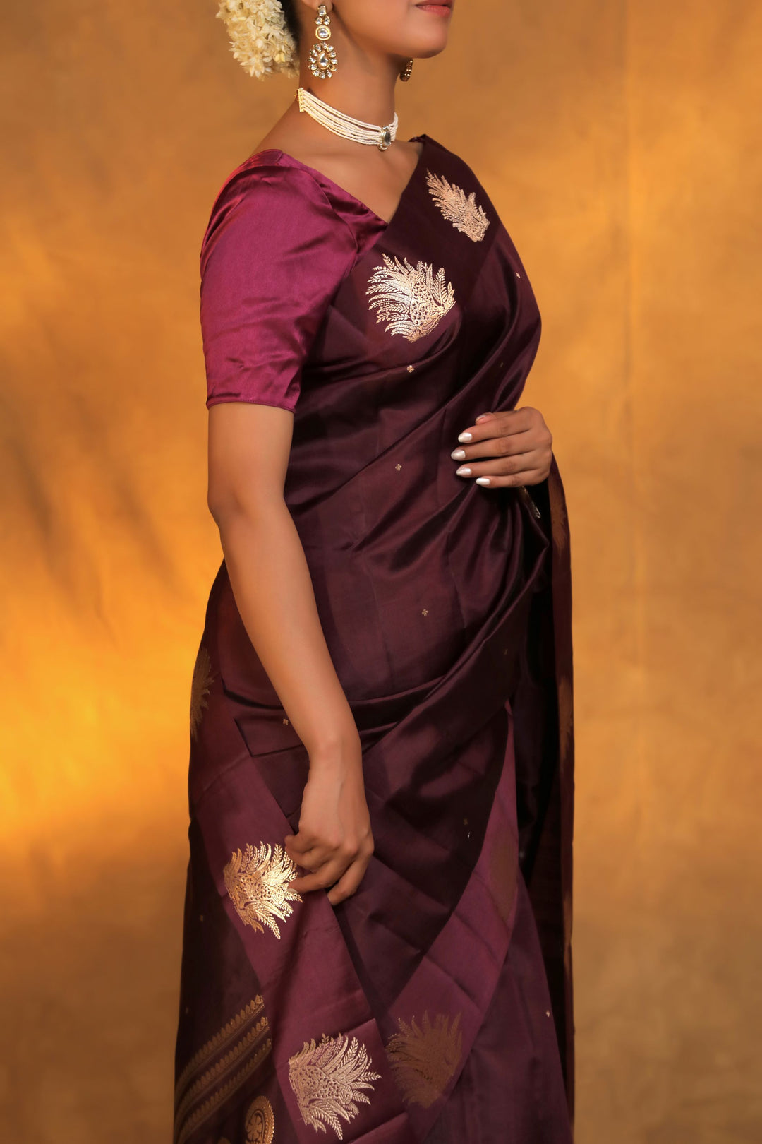 handwoven wine banarasi pure mashru silk leopard motif saree side view 1