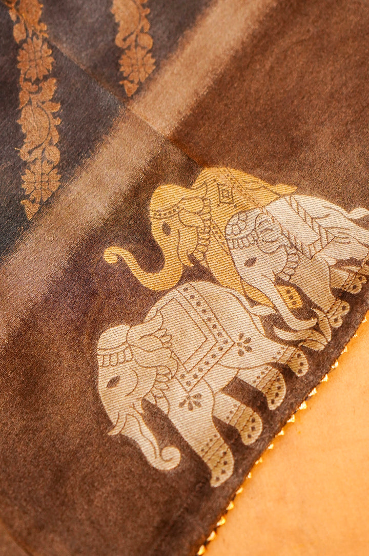 Dark Grey Banarasi Tissue Silk Saree with Meenakari Jangla Top and Elephant Motif Dupatta