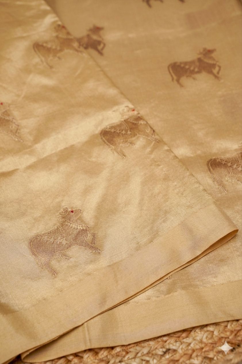 Beige Gold Handwoven Banarasi Pure Puna Silk Saree with Zari Nandi Motif