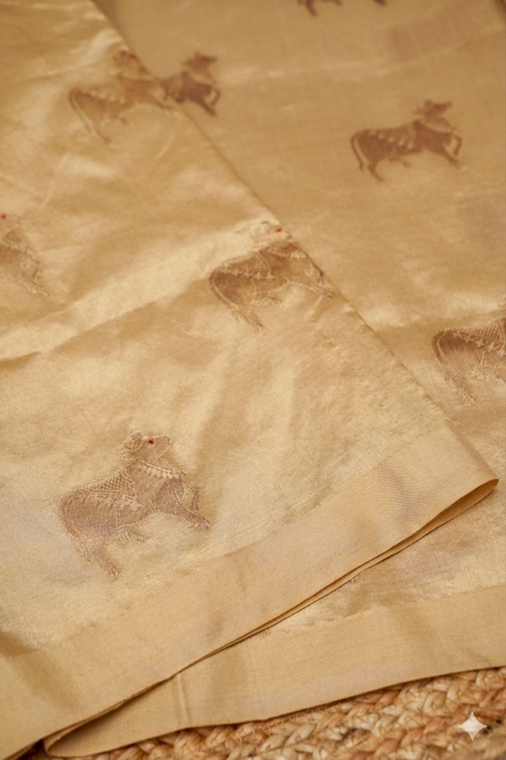 Beige Gold Handwoven Banarasi Pure Puna Silk Saree with Zari Nandi Motif