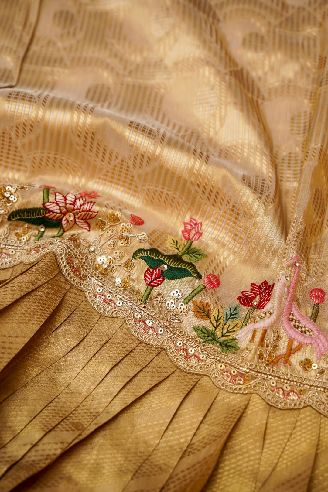 Beige Gold Lehenga Pattern Half Half Tissue Silk Meenakari Embroidery Saree View 11