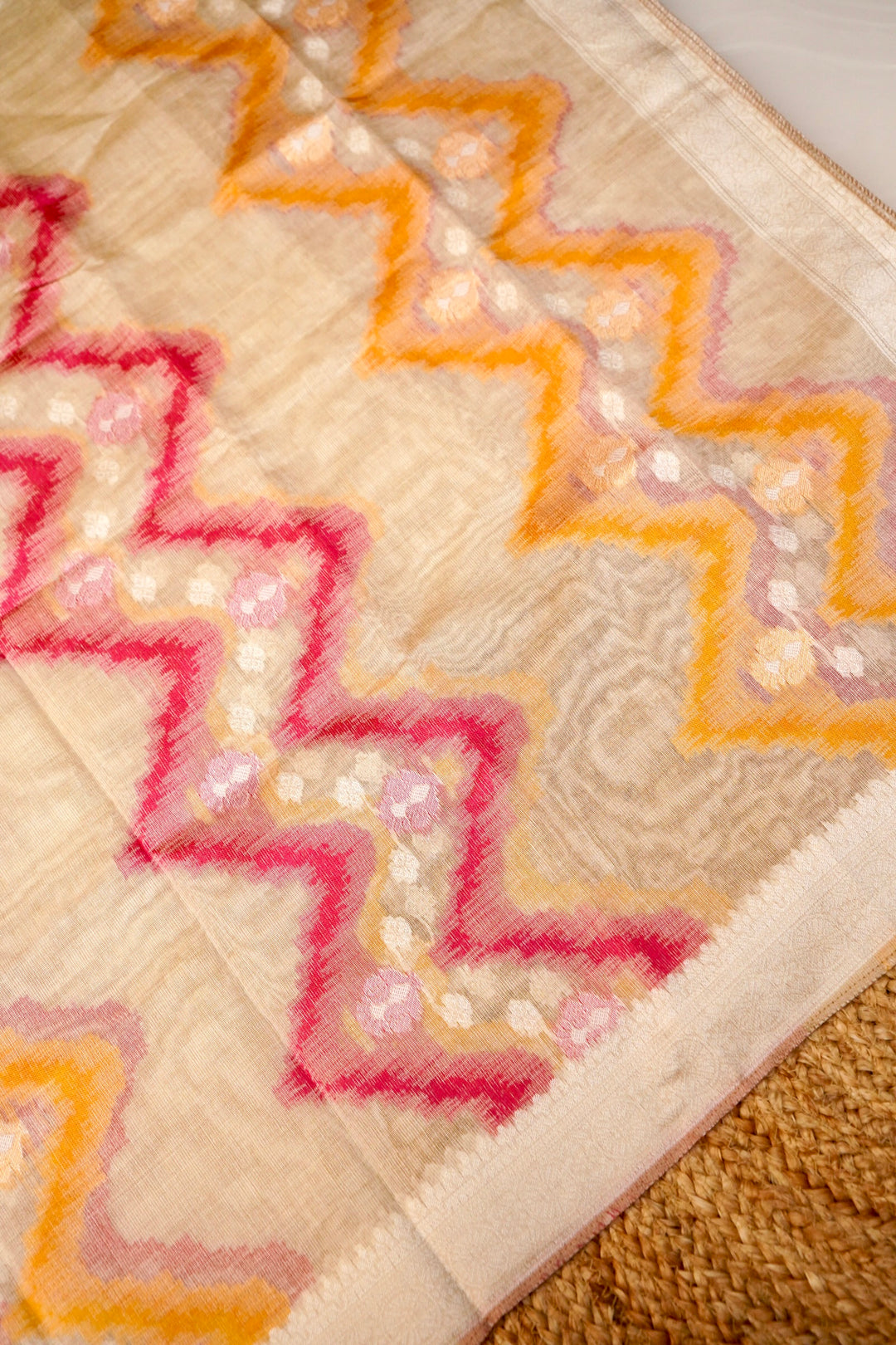 Off White Woven Unstitched Suit Set with Zigzag Dupatta