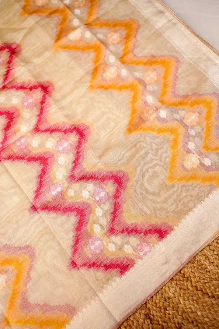 Off White Woven Unstitched Suit Set with Zigzag Dupatta